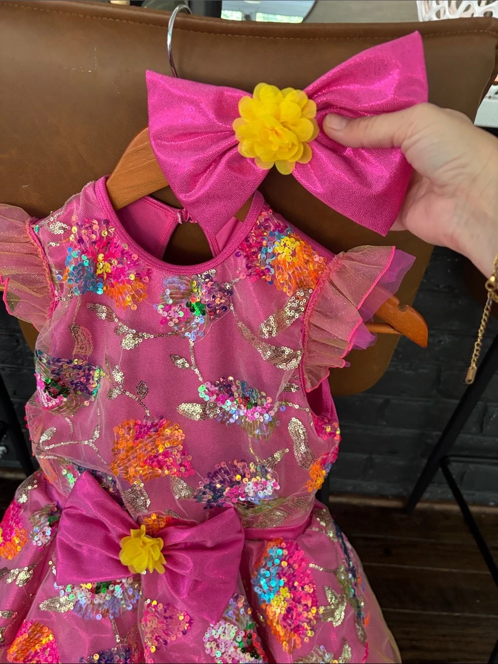 Girls Hot Pink Sequin Floral Embroidered Dance Dress Costume Size XL